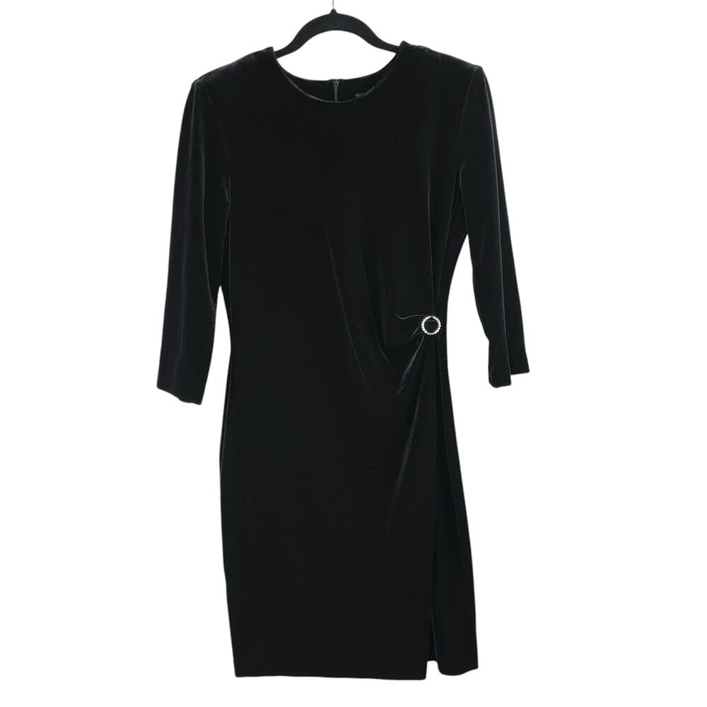 Connected Petite Black Velvet Ruched Side Mini Dress Y2K Goth 3/4 Sleeve 8P